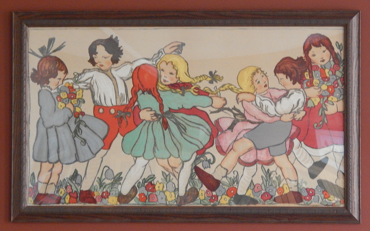 Crawford art piece depicting young children dancing amidst flowers