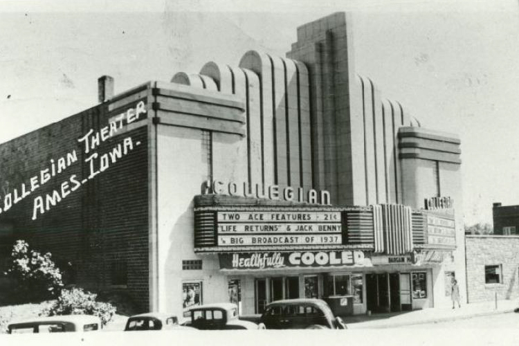 Black and white picture of the Collegian Theater in Ames, Iowa