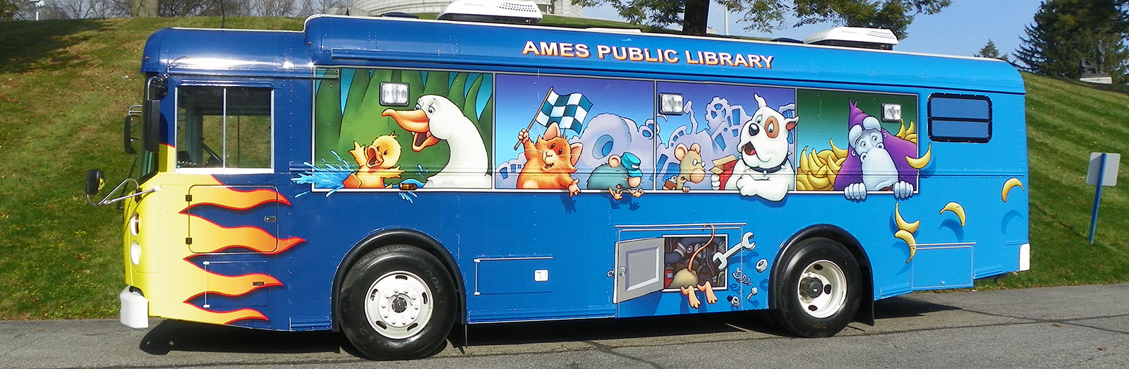 Bookmobile parked on sunny day